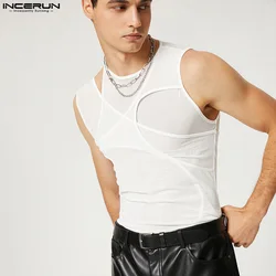 INCERUN Men Tank Tops Hollow Out Mesh Transparent Streetwear Solid O-neck Sleeveless Vests Men 2023 Sexy Party Nightclub Tops