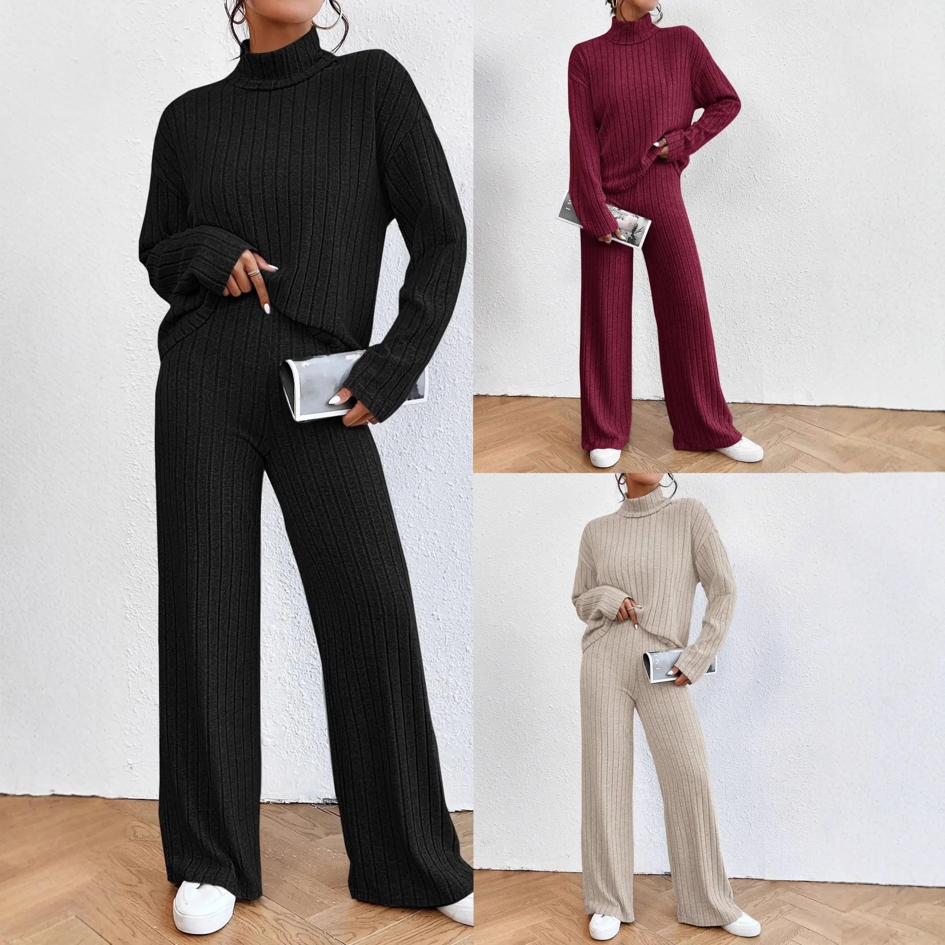 Women Turtleneck Ribbed Knit Two Piece Outfit Long Sleeve Sweater & Wide Leg Pants Casual Loungewear Set