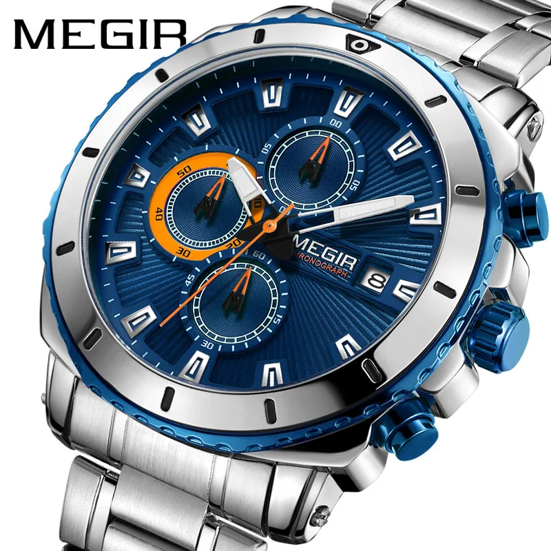 

MEGIR 2075 Luminous Men's Watches Large Dial Multifunctional Stainless Steel with Waterproof Date Business Quartz Watch for Men