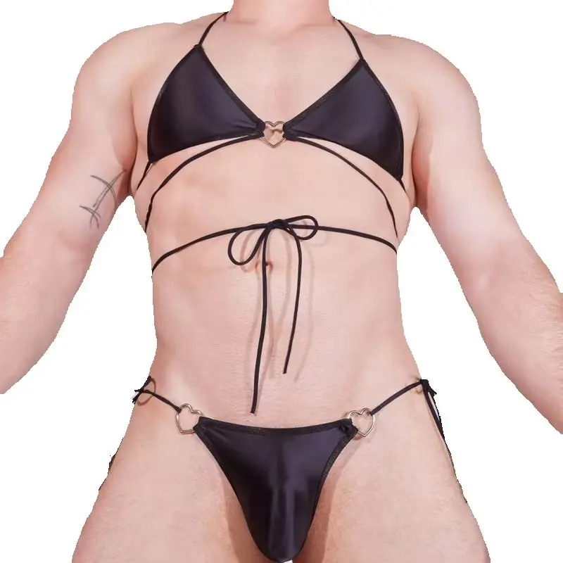 Men's Lace up Bandage Underwear Set Shiny Rope Suit Bra Top Low Rise Panties Fashion Bikinis Soft Swimwear Split Bodysuit