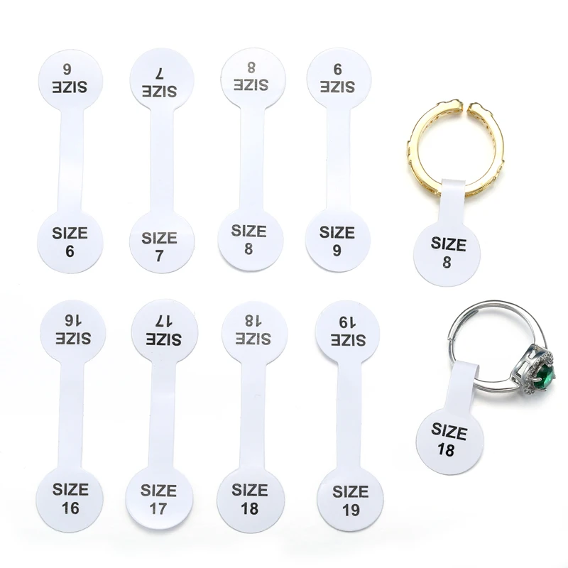 100pcs Ring Size Printed Tags Self-adhesive, glue ends adhesive free shank Jewellery necklace gummed tag rings label sticker X18