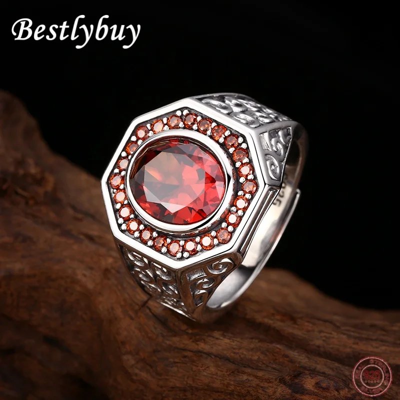 925 Sterling Silver Inlaid With Red Zircon Tang Grass Pattern Ring Men's Retro Fashion High-end Birthday Christmas Gift