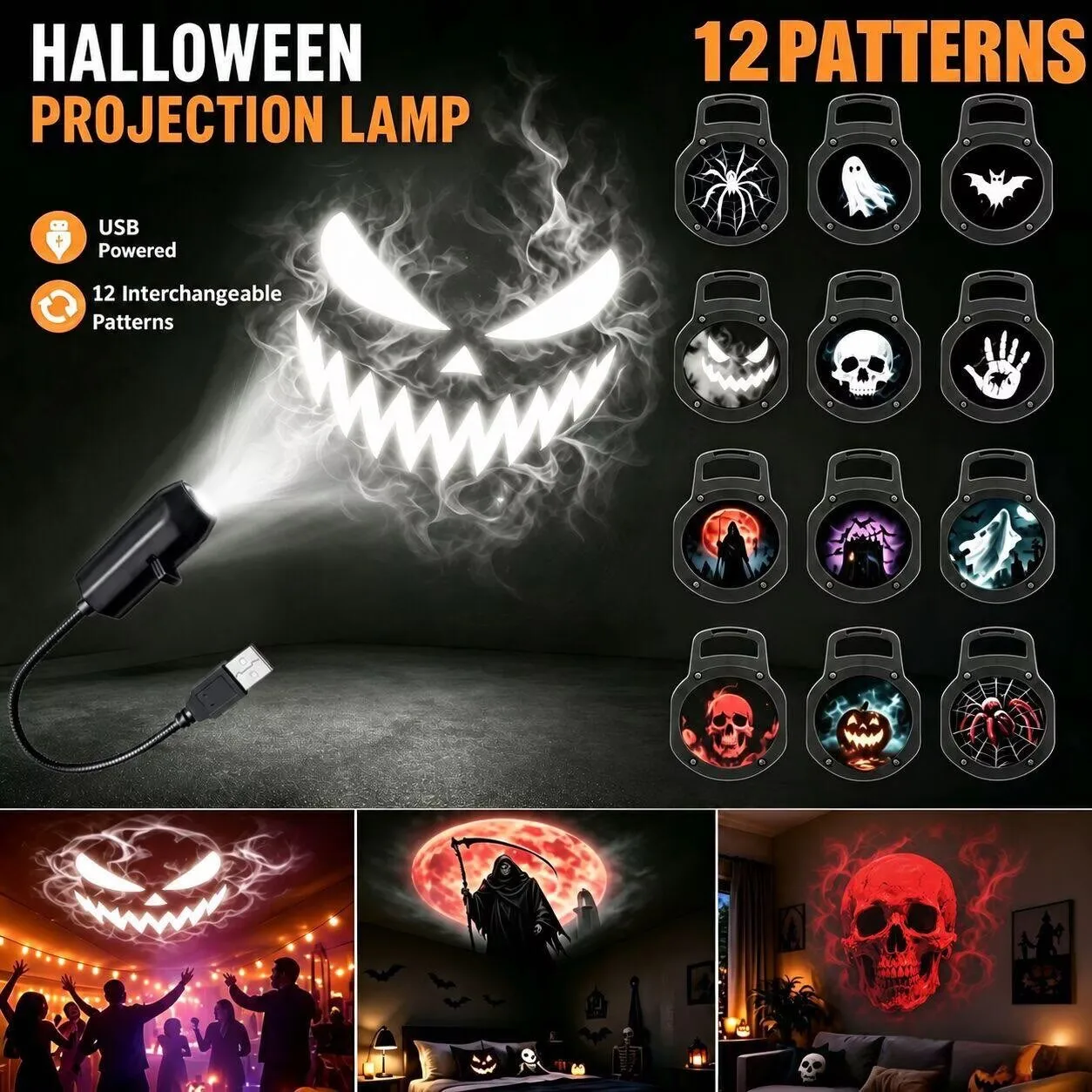 Usb luz do projetor halloween fantasma crânio luz da noite padrão comutável led lâmpada do projetor para sala teto janela decoração da parede