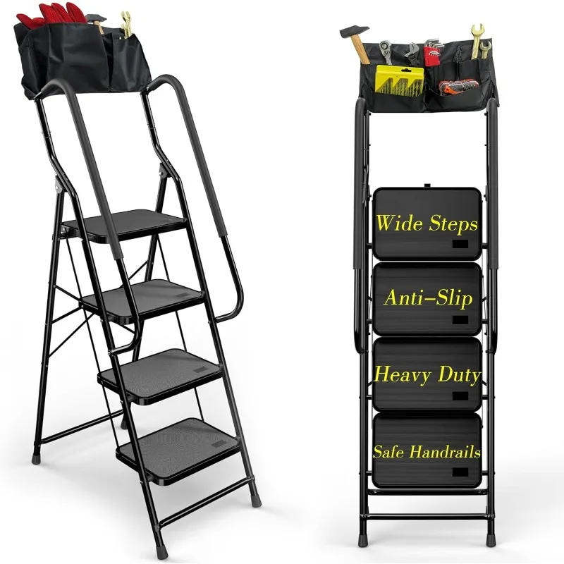 Heavy Duty 4 Step Foldable Ladder with Handrails, Attachable Tool Bag & Anti-Slip Wide Pedal Ladder for Indoor Hanging Paintings