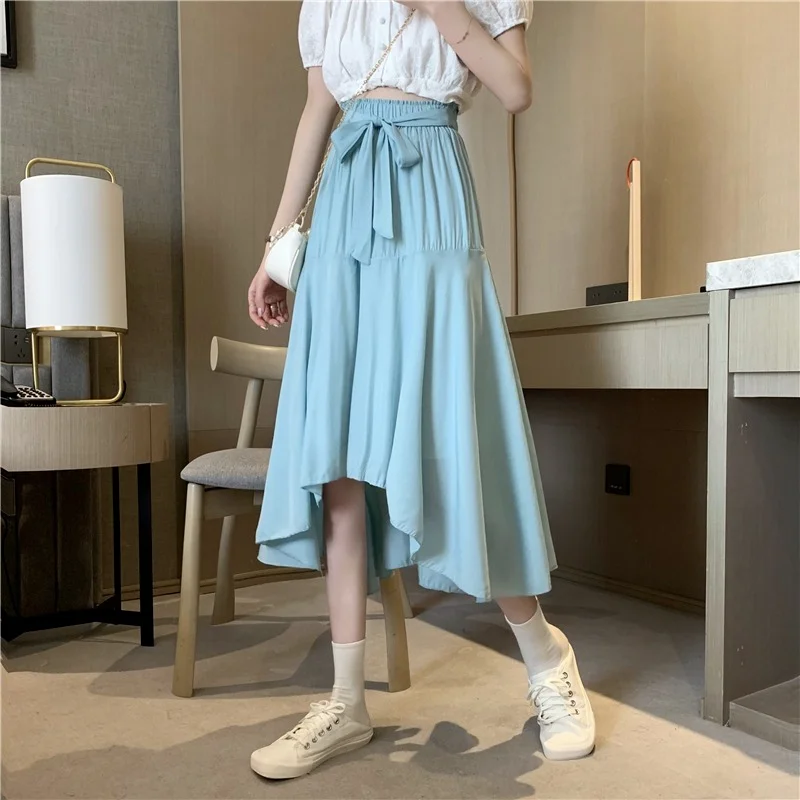 2024 Women New Korean Version High-waisted Thin Mid-length Skirts Female Spring Summer Bow Belt Skirt Elegant Irregular Fold