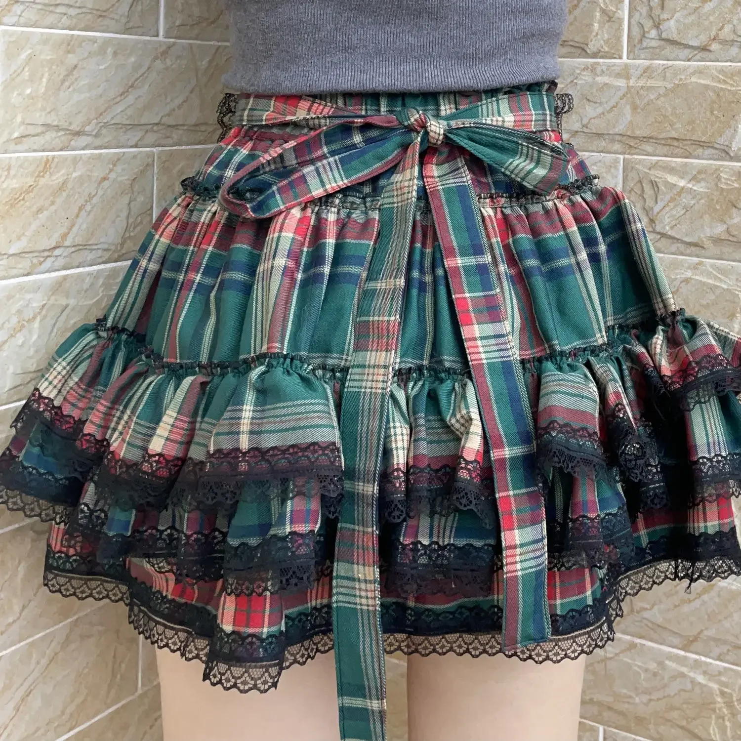 European Subculture Lolita Lolita Red Green Plaid Lace Cake Tutu Skirt Women‘s Shopping Popular Y2K Versatile Clothing Miniskirt