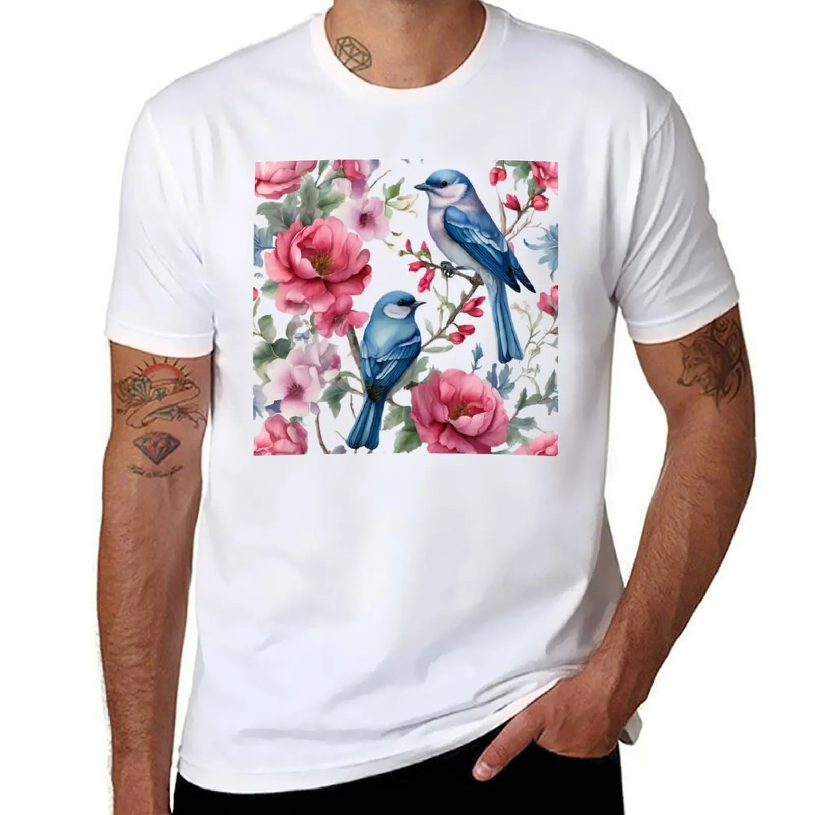 

Pink Flowers, Blue birds T-Shirt t shirt man luxury funny t shirts dark humor T-Shirt