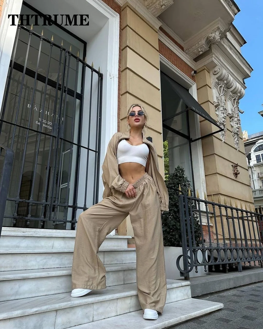 Elegant Women Chic Two Piece Sets Fashion Communte Lapel Zipper Shirts Loose Wide Leg Pants Suit Casual Streetwear Female Outfit