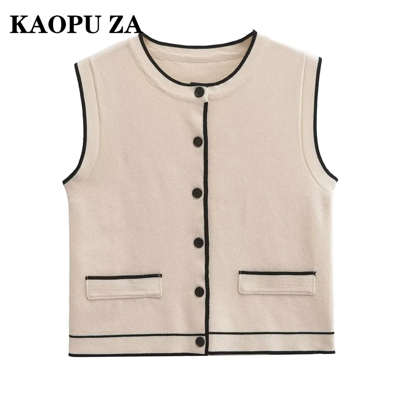 KAOPU ZA European Style 2024 Fall New Women's Round Neck Sweater Color-Block Trim Knit Vest Top