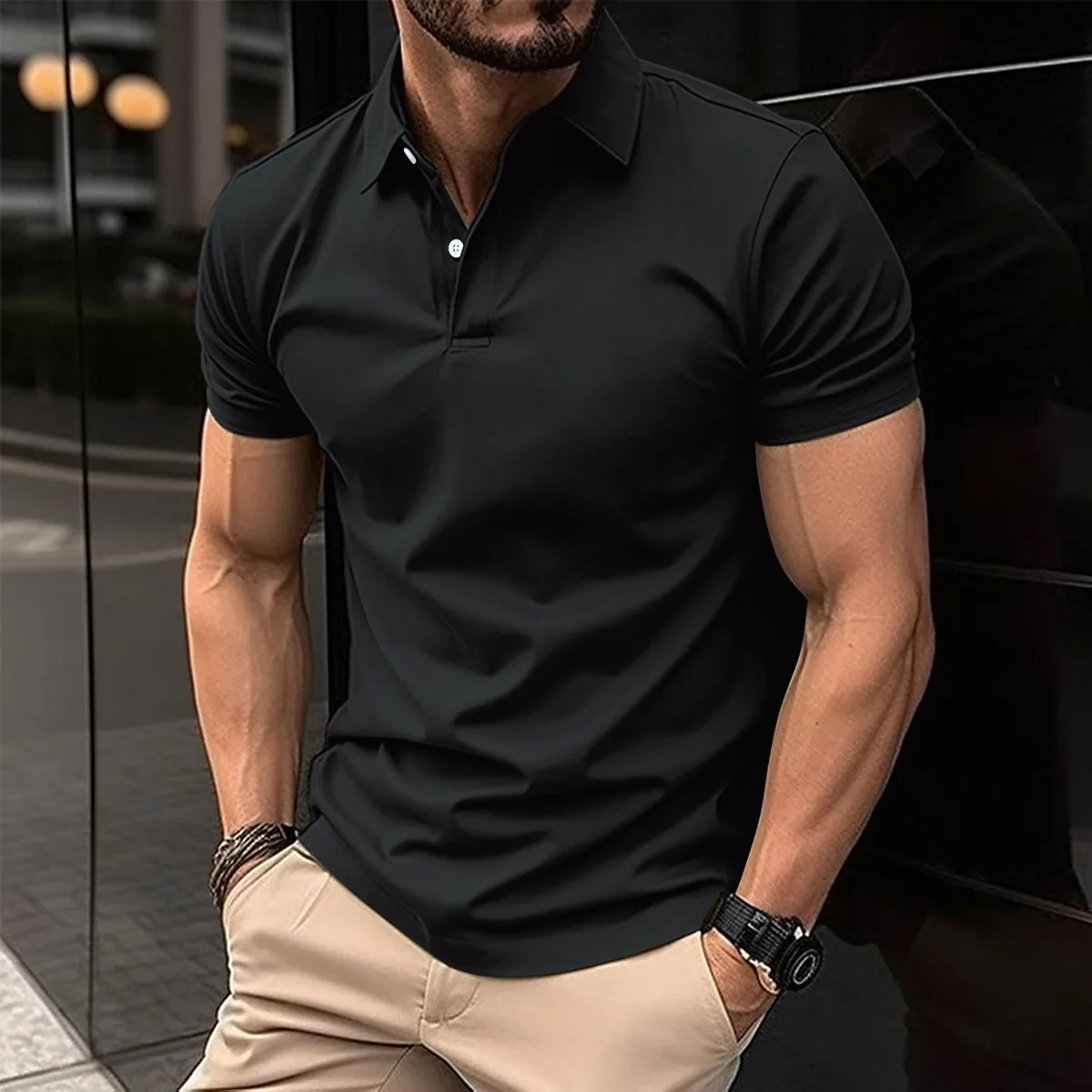 2024 Men\'s New Best-Selling Polo Shirt Elastic Short-Sleeved T-Shirt Men\'s Breathable Top commercial Lapel Street Wear