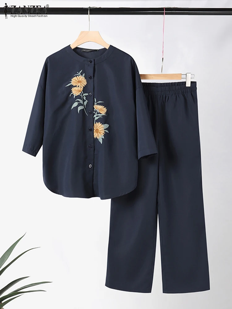 ZANZEA Loose Oversize Pant Sets Casual Trousers Women Work 2024 Summer Tracksuits Embroidery Floral Shirt Vintage 2pcs Outfits