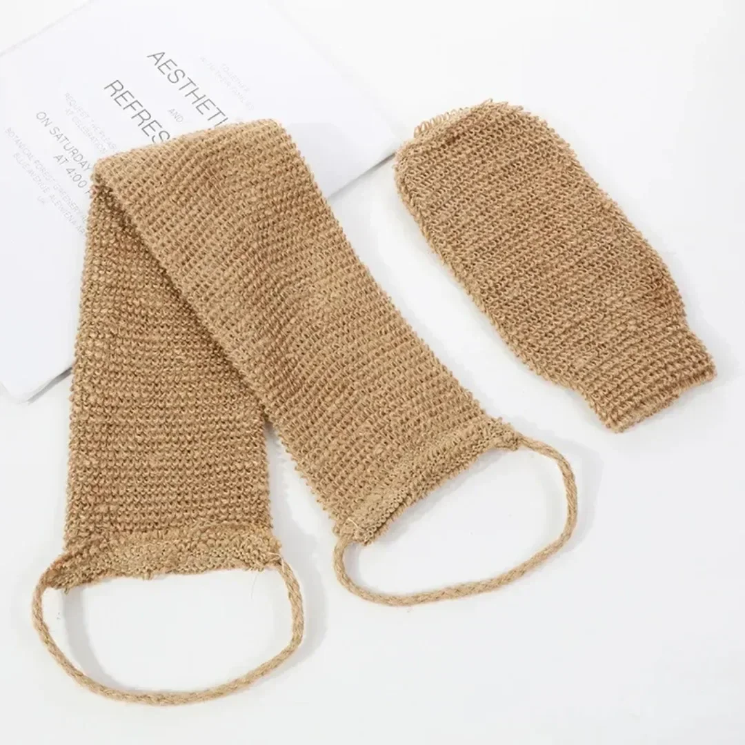 Toalha de Banho Esfoliante de Juta para Costas com Luvas e Alça para Ducha - Kit de Limpeza Corporal para Banho