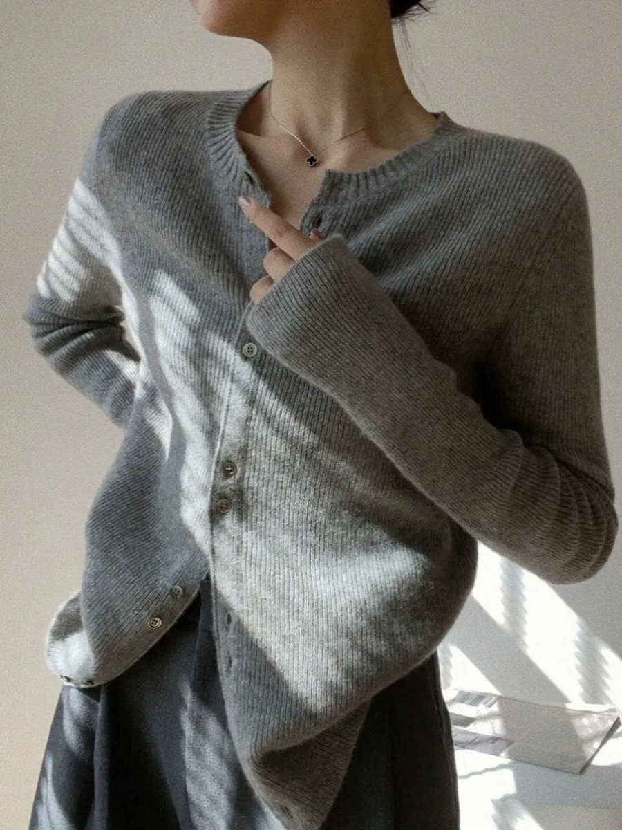 Grey 100% pure wool crewneck cardigan women\'s cashmere knit all-in-one long-sleeved sweater autumn coat