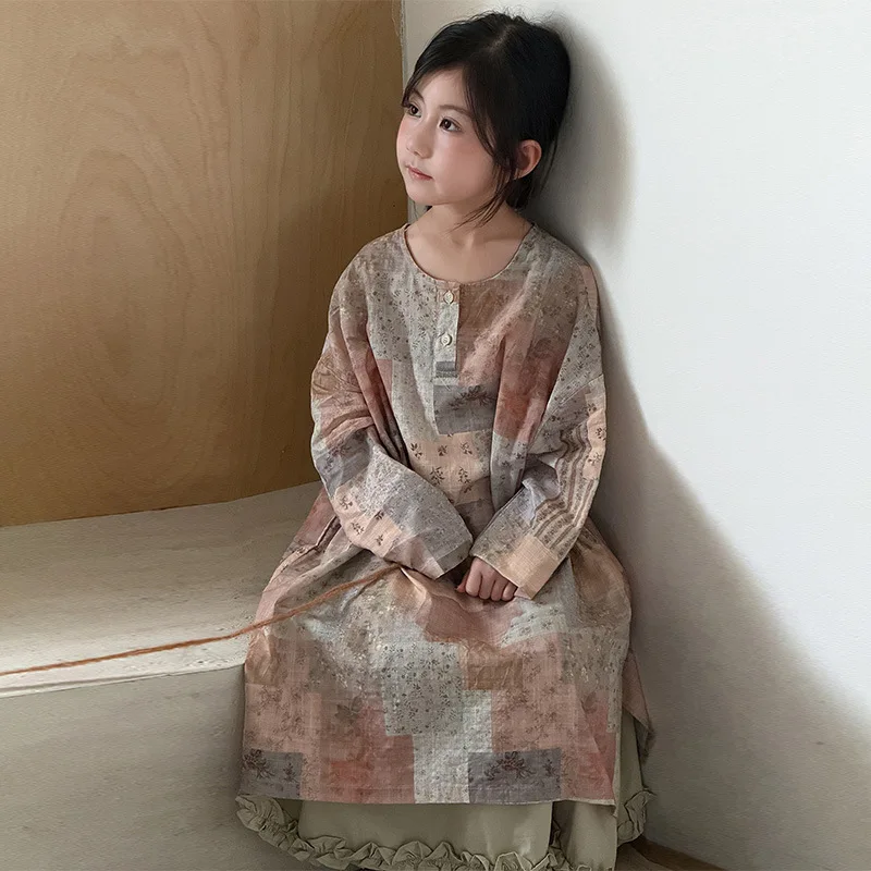 

Girls' Dress Contrasting Color Splicing Spring and Autumn Children's Casual Foreign Style Versatile Lace Skirt Set