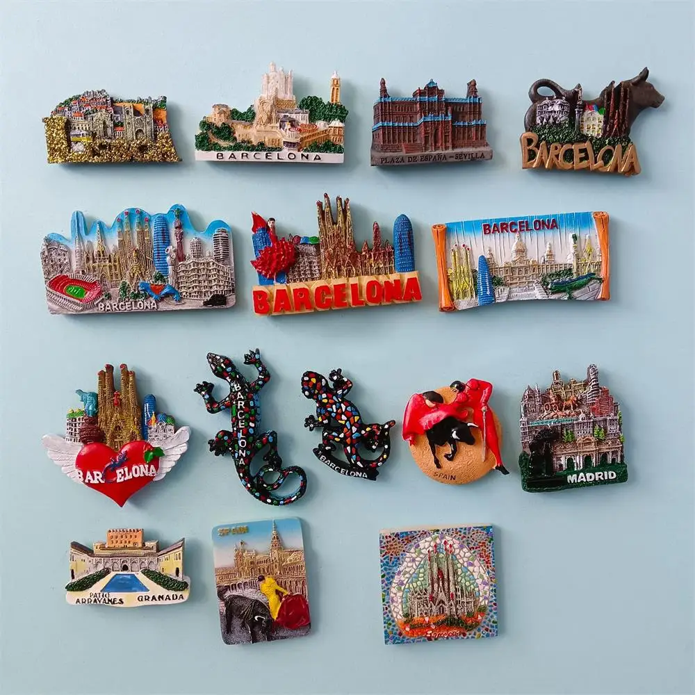 Pegatinas de resina para refrigerador, imanes de nevera para decoración del hogar, recuerdos de viaje de Barcelona, Santiago, Europa y España