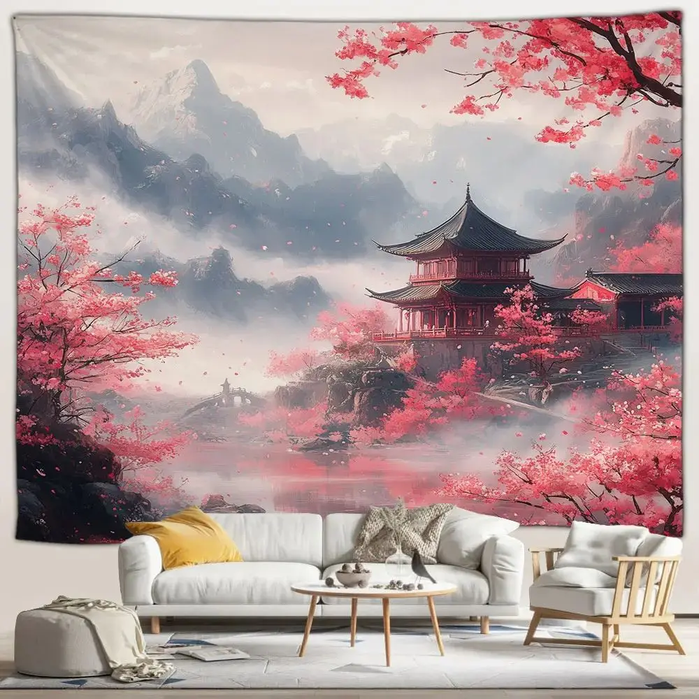 VIKAMA Oriental Scenery Tapestry Cherry Blossom Chinese Architecture Wall Hanging Home Room Decoration