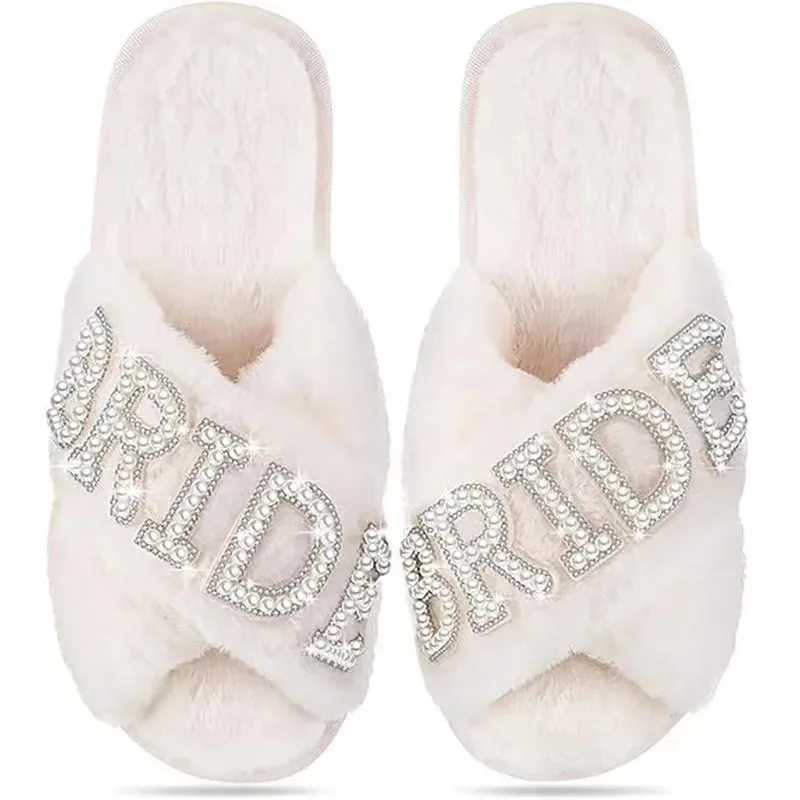 Personalized MRS Pearl Fluffy Slippers Bride Slippers for Wedding Day Fuzzy Slippers Women Shoes Bachelorette Party Bridal Shoes