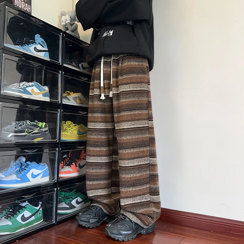 Autumn Woolen Pants Men Fashion Retro Stripe Pants Men Streetwear Hip-hop Loose Wide Leg Pants Mens Vintage Trousers Large Size