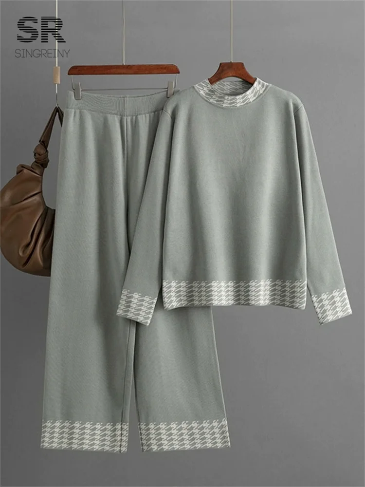 SINGREINY-Conjunto de suéter de pata de gallo para mujer, Jersey holgado + Pantalones largos de pierna ancha, trajes de punto informales de invierno, novedad de 2025