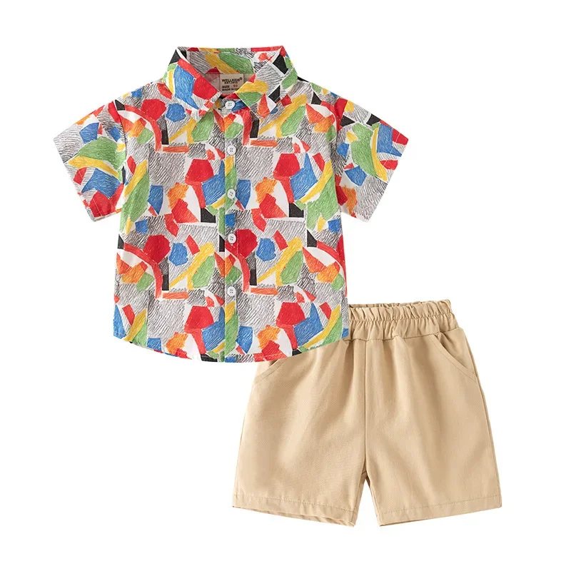 

New 2025 Summer Boys Clothing Sets Fashion Print Short Sleeve Lapel Loose Shirt with Solid Shorts Child Handsome Two-piece Set