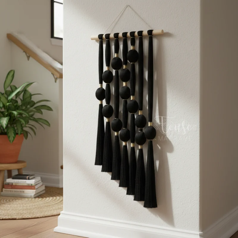 

Geometric Macrame Wall Hanging with Wooden Balls Black Tassel Fiber Art Decorative Tapestry for Contemporary Space