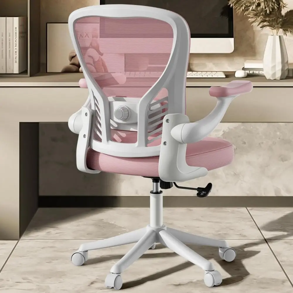 Padded Swivel Office Chair with Mesh Back, Adjustable Lumbar Support, and Upholstered Arms in Pink