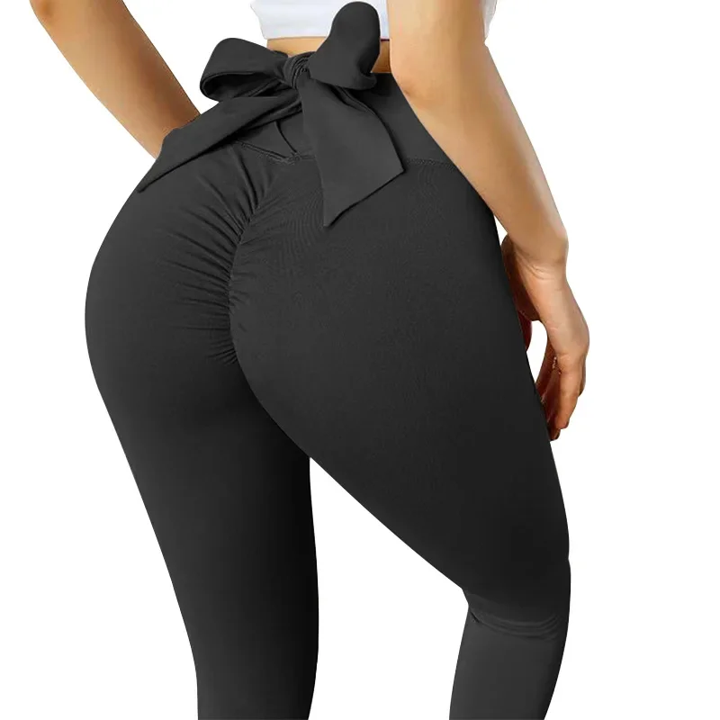 Mallas de Yoga con lazo para mujer, pantalones ajustados de cintura alta, Push Up, deportivos, de secado rápido, para gimnasio, trotar y