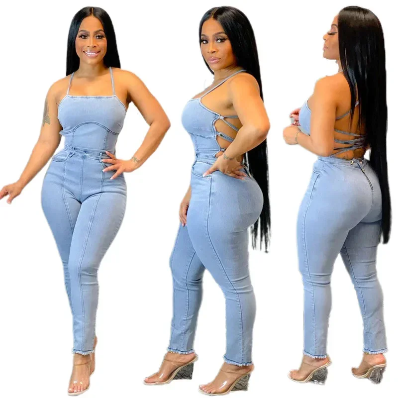 

Women Jeans Ankle Length Pants Sexy Overalls Spliced Denim Pockets One Piece Streetwear Solid Slim Fit Backless Jumpsuits