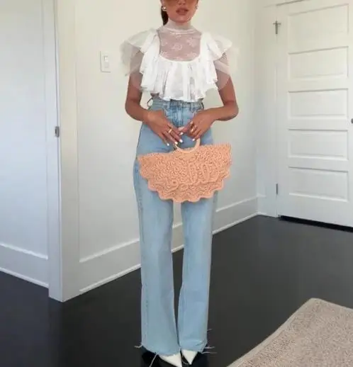 

Women's Sexy Elegant Blouses Temperament Commuting Summer Women's New Fashion Stand Collar with Ruffled White Sheer Shirt Top