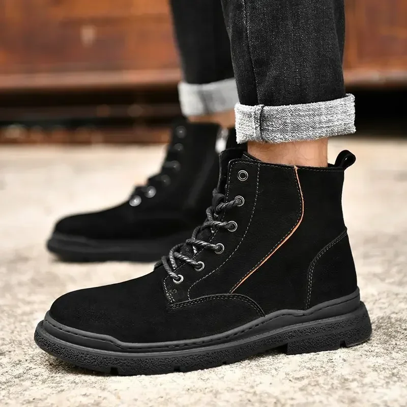 

Shoes for Men 2023 Fashion Lace Up Zipper Men's Boots Winter Round Toe Solid Flock Cotton Warm Low-heeled Short Barrel Boots