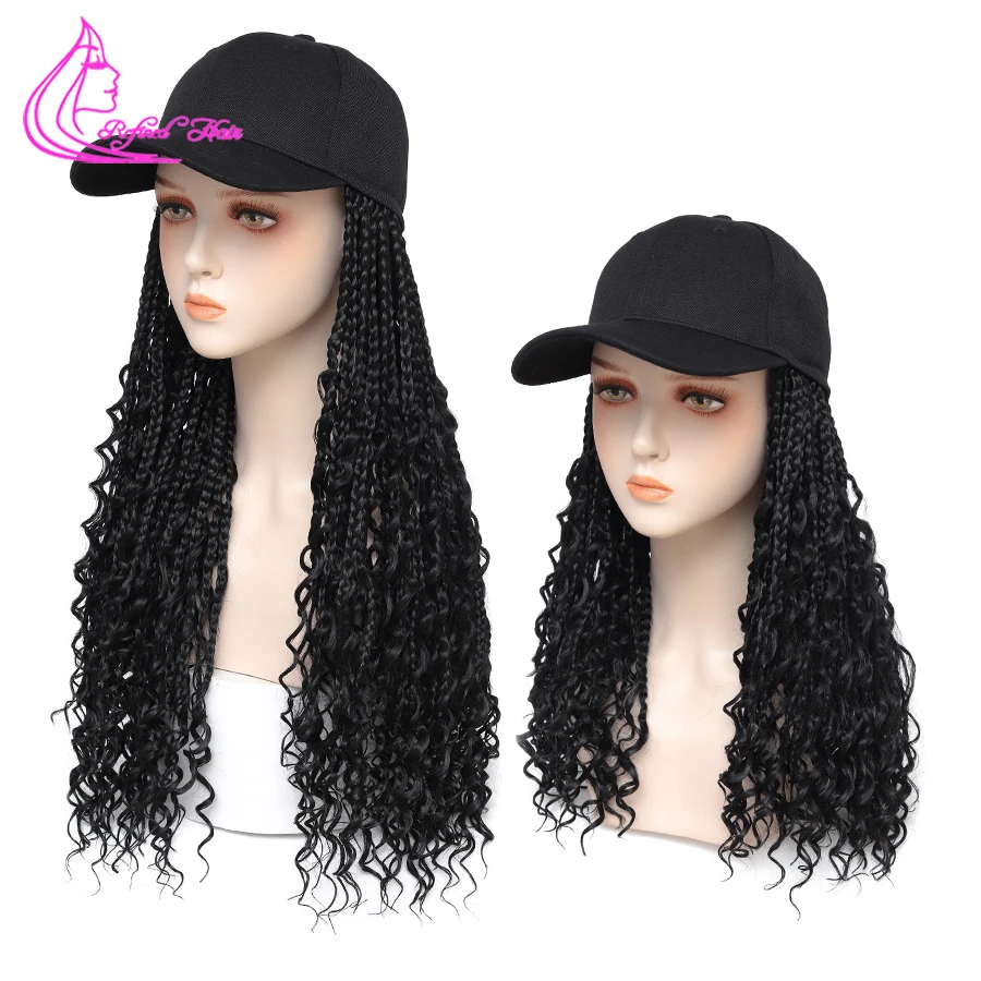 Pelucas sintéticas Boho trenzas sombrero peluca gorra de béisbol con extremos rizados caja sin nudos cabello trenzado para mujer negra Ombre negro marrón