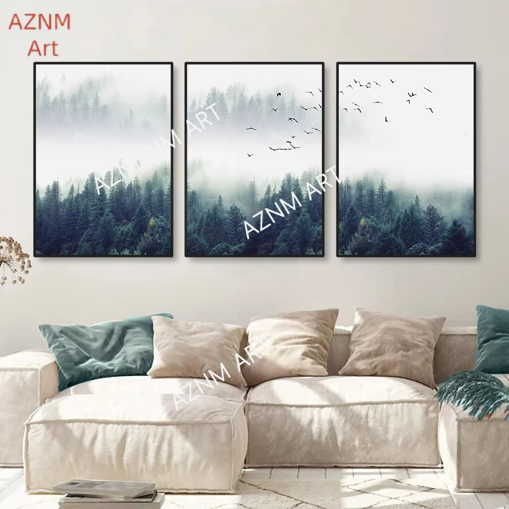 1/3 Stücke Landschaft Leinwand Malerei Nebligen Wälder Evergreen Nadelbläume Wand Kunst Poster Giclee Drucke Galerie Dekor Rahmenlos