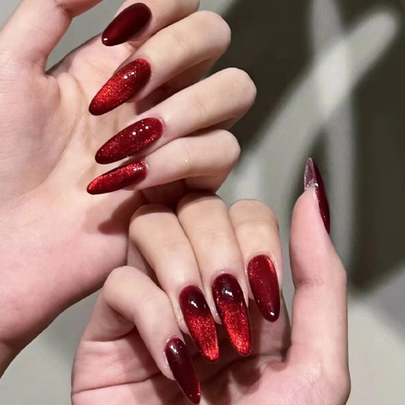 Long Cat Eye Red Press on Nails Wedding Glitter Powder Bowknot Heart Valentine's Day New Year Pointed Fake Nails Art False Nails