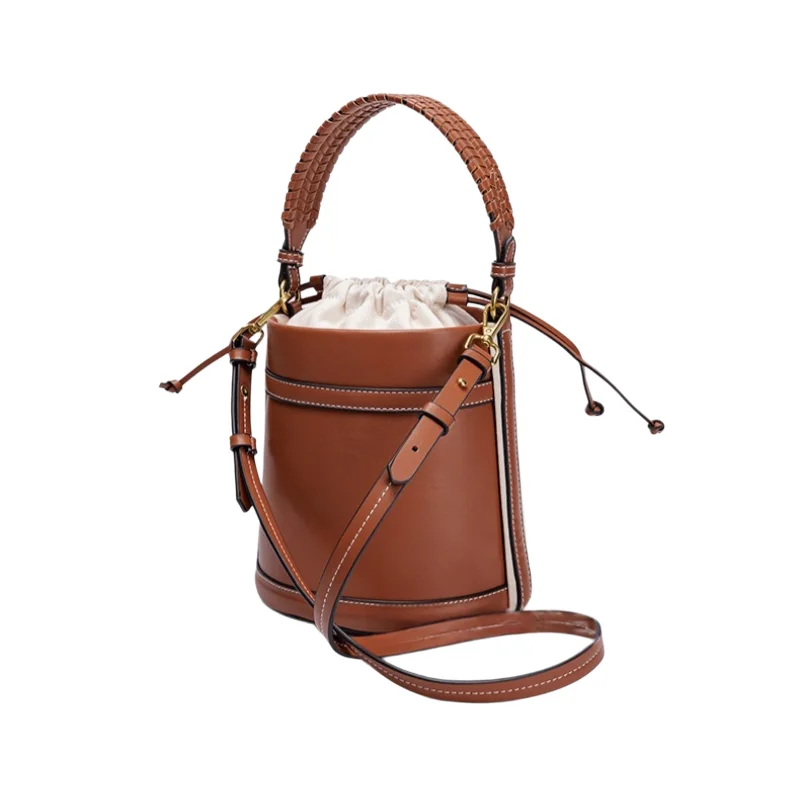 Fashion Bucket Bag Drawstring Handbag Women Stitching Shoulder Crossbody Bag Casual PU Leather Round Barrel Shape Tote Bag