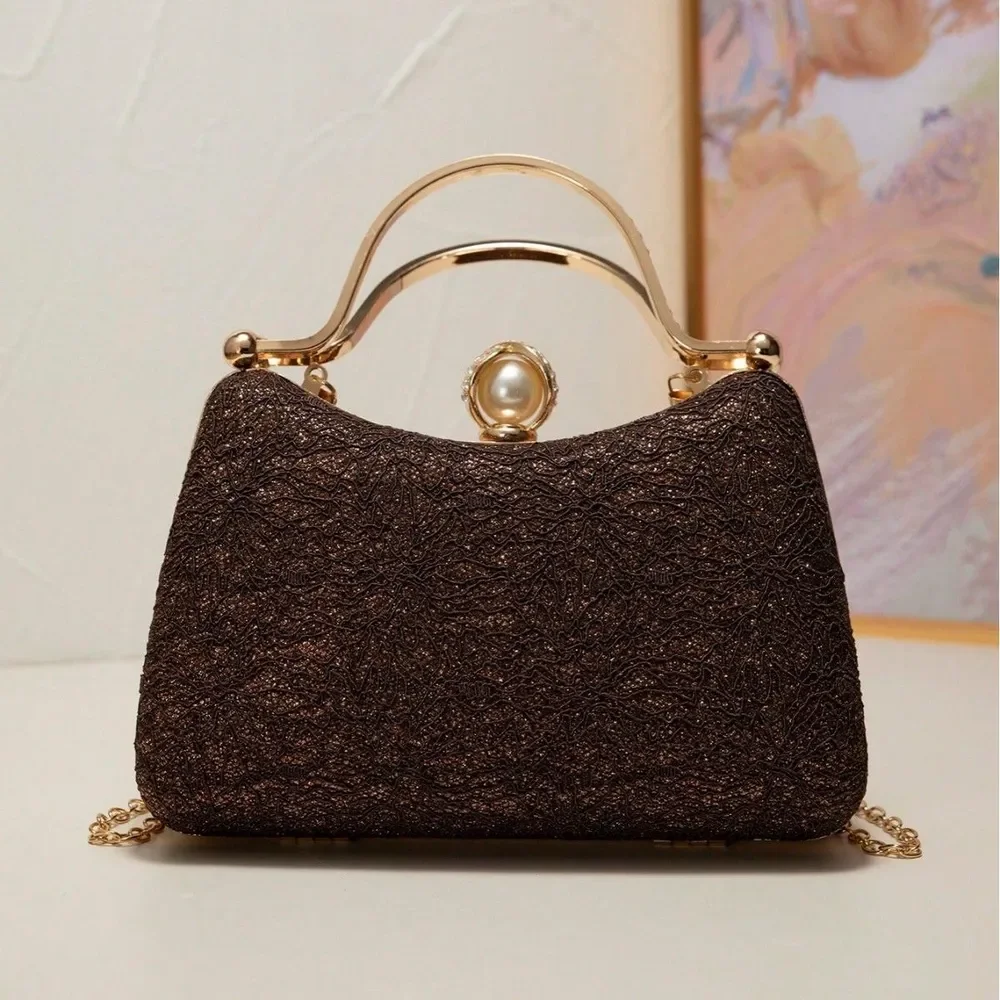 Luxury Evening Bag Pearl Rhinestone Lock Clutch Bag with Golden Chain Fashion Women Crossbody for Wedding Banquet Formal Party