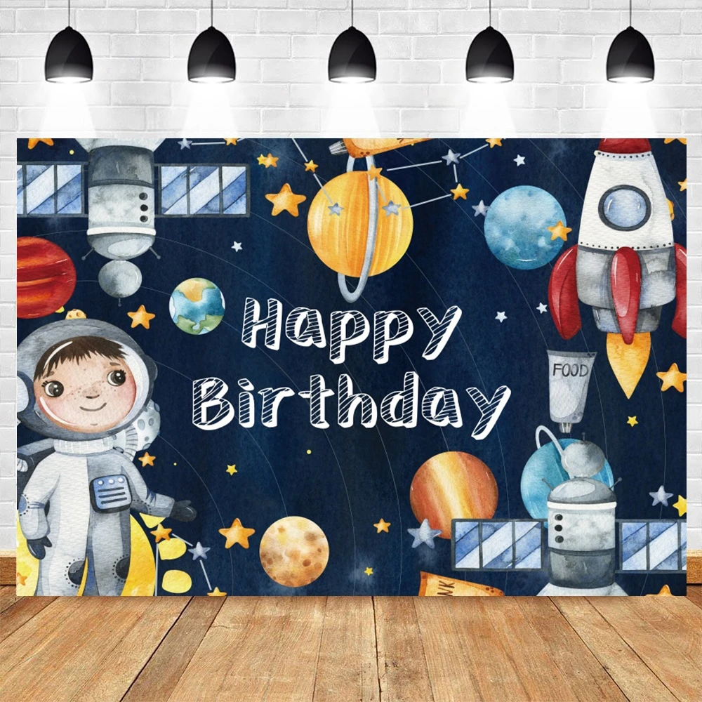 Outer Space Happy Birthday Photography Backdrop Universe Planet Galaxy Spacecraft Astronaut Baby Shower Background Photo Studio