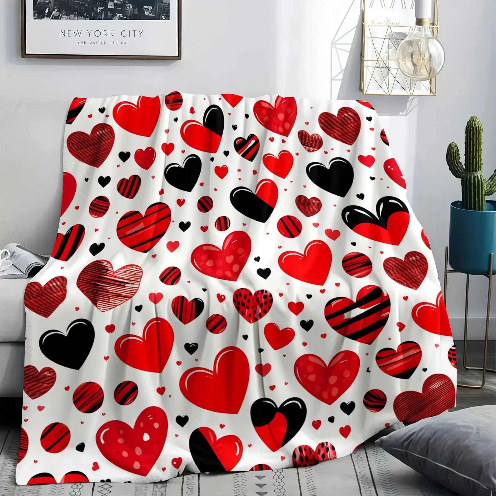 White Red-Black Heart Blanket: Stylish, Cozy Throw for Rooms, with Patterned Heart Motifs, Fitting Modern, Lively Home Decor.