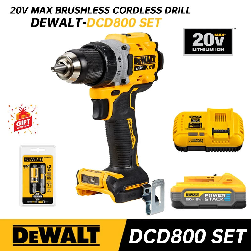 Dewalt Dcd800 Accuboor Driver 20V Lithium Batterij 2000 Rpm Borstelloze Motor Oplaadbare Boormachine Elektrisch Gereedschap Dcd800 Set