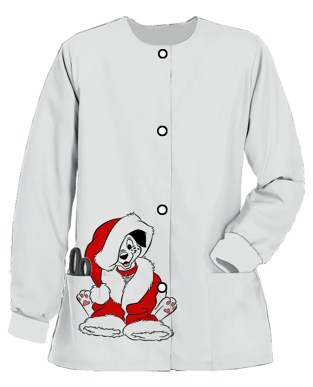 Disney Christmas Dalmatian Print Round Neck Pocket Long Sleeve Scrub Jacket Nurse Uniform Medical Uniform Beauty Salon Coat