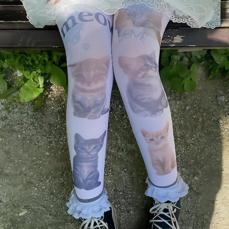 

Kawaii белые длинные носки с милым принтом кота, модные школьные носки JK с котом, колготки в стиле Харадзюку для косплея, уличная женская одежда