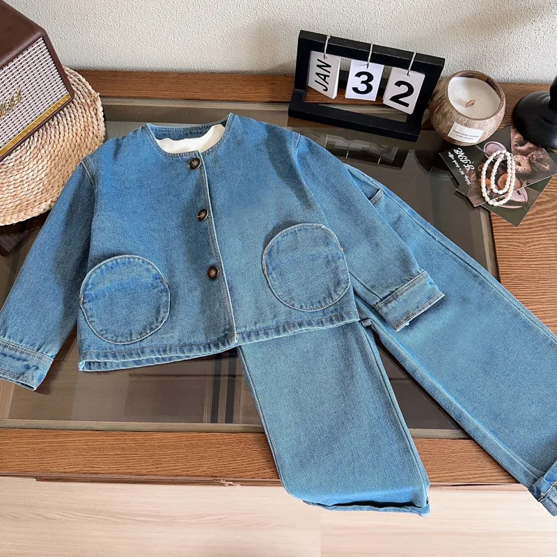 

Children's Outfit New Autumn Girls' Elegant Forest Style Casual Round Neck Denim Jacket+Two-piece pants