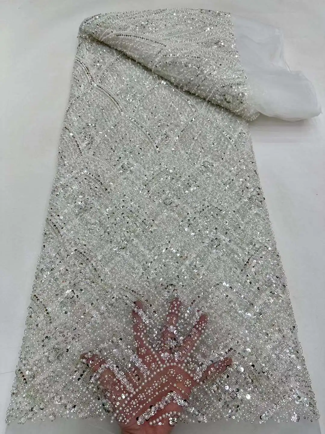 2024 Latest Delicate Elegant Best Quality Soft Embroidered Beaded Tube Lace fabric For Wedding Evening Dress U_Ge2138