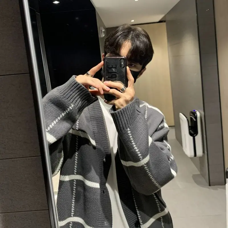 

Мужской вязаный свитер American Lazy Chic, открытый кардиган с v-образным вырезом, оверсайз, японский Sle Long Sve, повседневная одежда, осень-зима