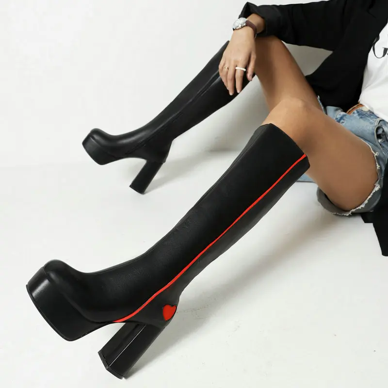 

Fashion Pink Red Heart Patchwork Knee Boots Chunky Heels Platform Woman Square High Heel Stage Long Knight Boots Zapatos