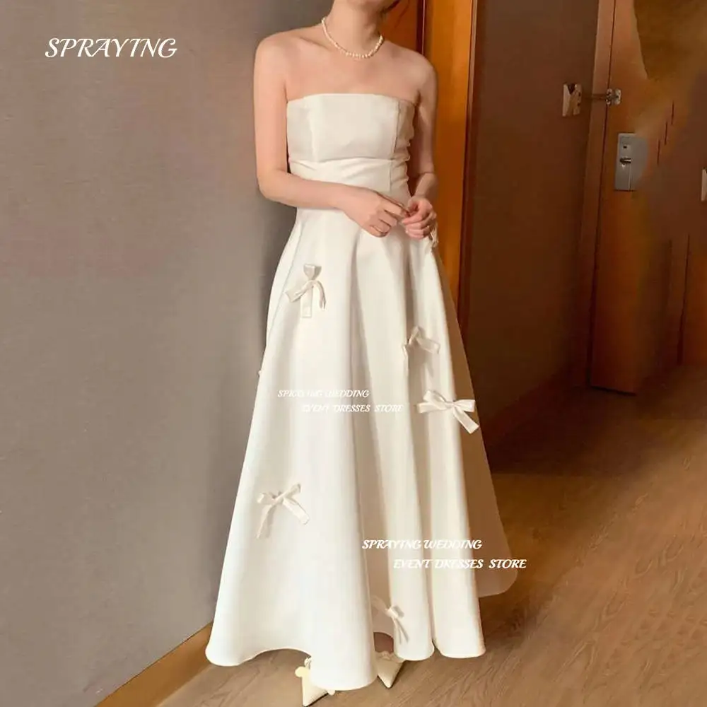 BOMP Simple Black A Line Korea Wedding Customised Dresses Strapless Bowknot Ankle Length Bridal Gowns Formal Party Dress