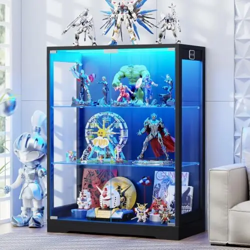 Display Cabinet with Glass Door, Curio Cabinet with 3 Color Lights for Collectibles, 3-Tier Glass Display Case with