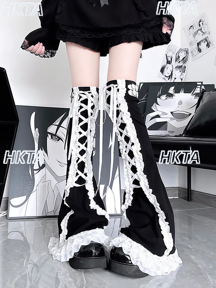 Sottocultura giapponese Calzini alti al ginocchio dolci Scaldamuscoli Lolita Pizzo Versatile Nero Bianco Copri gamba lunga Accessori di abbigliamento Donna