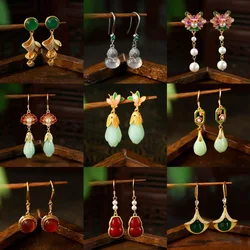Ethnic Chinese Gold Color Jade Earrings for Women Tradition Magnolia Flower Shaped Pendant Spring Festival Luxury Jewelry Gifts