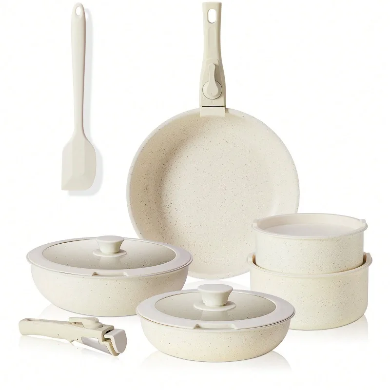 12 Pcs Pots And Pans Set, Stackable Non-Stick Set, Nonstick - Kitchen Cookware Set With Detachable Handle, Induction Cookware, Oven, Beige