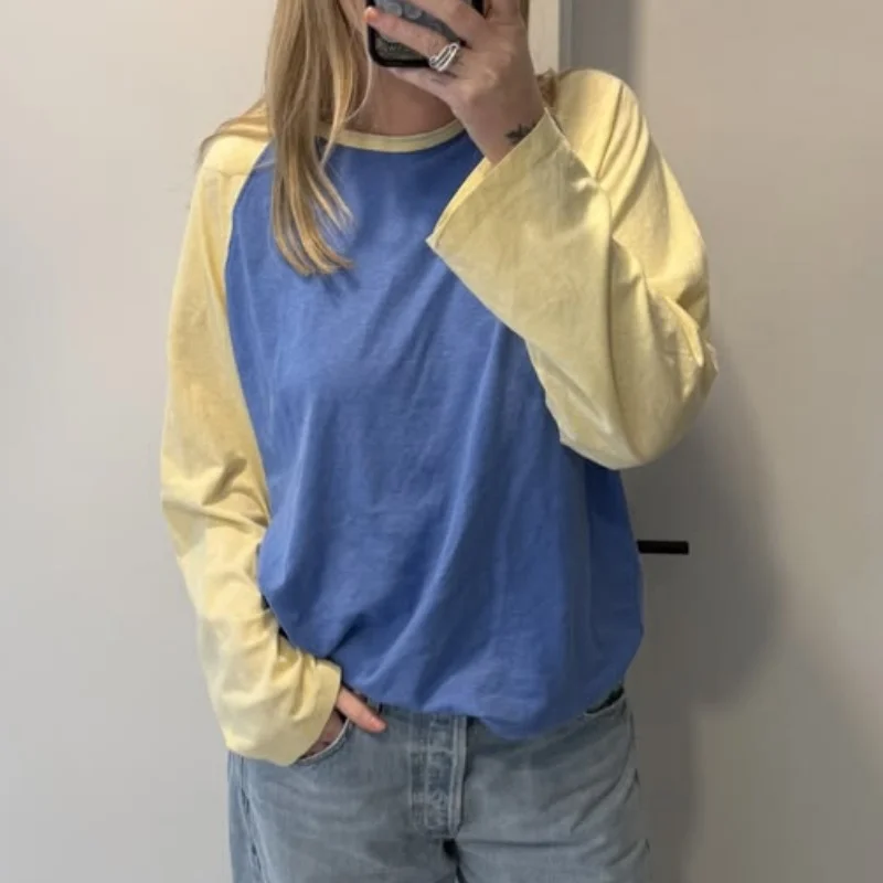 Women Y2k Color Block Raglan Shirts  Crew Neck Long Sleeve Pollover Oversized Baseball Tops 2026 Fall Streetwear